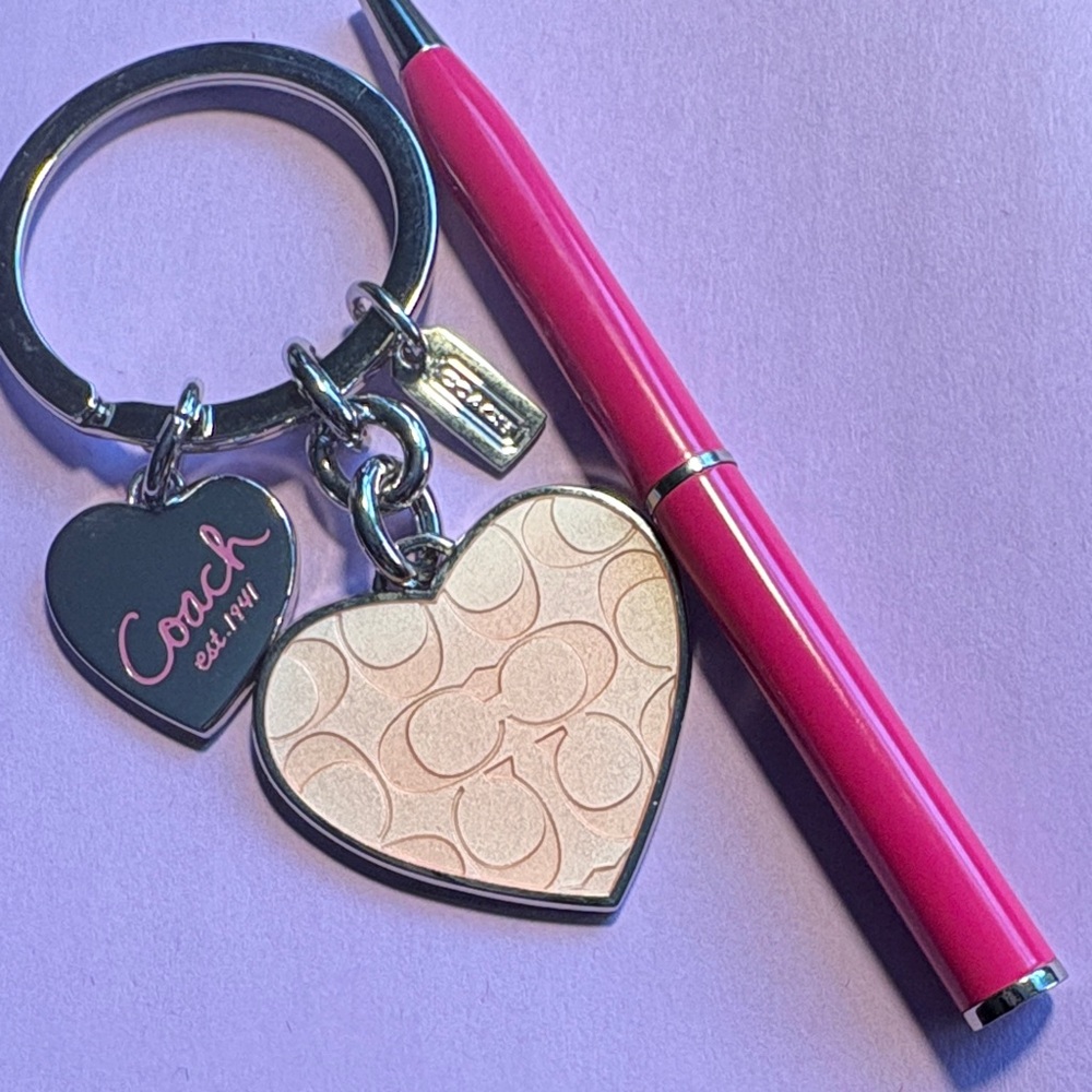 Coach Silver and Pink Heart Keychain with Coach Mini Pen